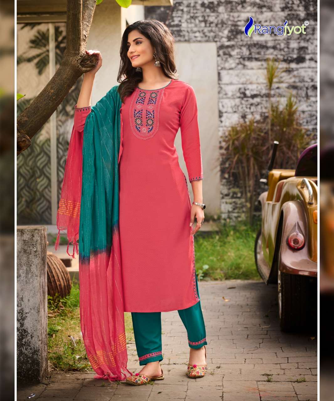 RANGJYOT - VEENA VOL 1 - DOBBY RAYON STYLIST NECK EMBROIDERY WORK KURTI WITH 14 KG RAYON WITH EMBROIDERY WORK PANT AND CHANDERI CORONA DUPATTA - 1008